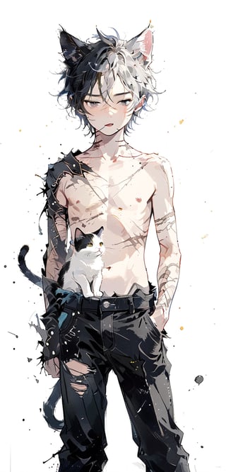 alone, short hair, simple background, 1 boy, white background, holding a white cat, mouth closed, silver eyes, female focus, silver hair, cat ears, pants, animal, scar, abs, cat, pecs, messy hair, freckles, topless man, holding an animal, black pants, scars on chest, scars on arm, 13 years old, 13 year old boy, short stature