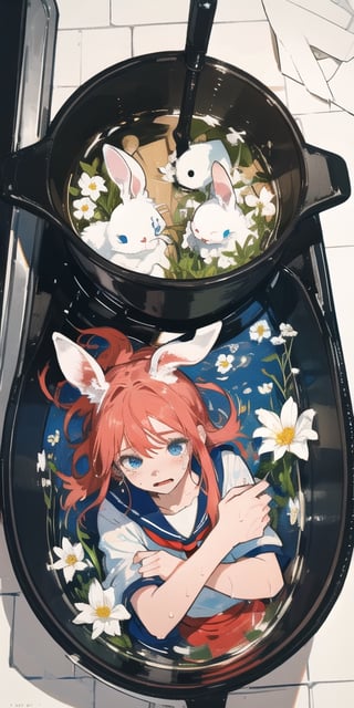 //quality, masterpiece, high_resolution, detailed, ((high quality)),,//character, ((1boy)), (rabbit_girl|white_rabbit_ears|red_hair|blue eyes),long hair, sailor suit,( (speech_bubble ) |,?,???,|question_mark|)),//,(, ,large_kitchen_pot,flower,flowers in the pot,holding the pot),// (panicking),wet,wet_hair, (scared) , cold sweat, nervous,// background, ((room, interior)),more detail XL,aesthetic,((,from_above,seen_from_above,))