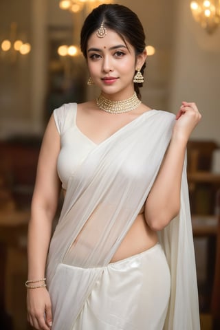 A 20-year-old stunning model posing confidently in a masterpiece saree, her attractive face radiating confidence. Her curvaceous figure is on full display as the saree drapes elegantly across her body, exposing a tantalizing navel. With a perfect blend of sass and sensuality, she strikes a sultry pose, inviting the viewer's gaze to linger. The lighting accentuates her toned physique, while the background adds a touch of sophistication to this Instagram-worthy photoshoot.