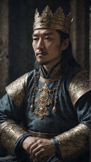 a cinematic long portrait, manly king mongol, sitting with a intricate king attire, photorealistic, dramatic photography, professional composition, high definition, very detailed photography, soft contrast, muted tones, cinematic colors, shot with a Zeiss Otus 55 mm lens F/1.4, volumetric light, inside a dark castle, film grain, film vignette, Extremely Realistic, dark moody atmosphere, dark and moody, 