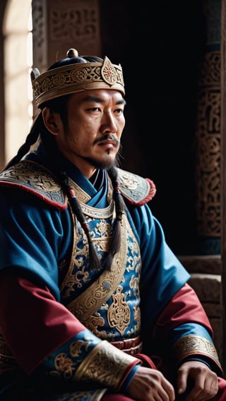 a cinematic long portrait, manly king mongol, sitting with a intricate king attire, photorealistic, dramatic photography, professional composition, high definition, very detailed photography, cinematic colors, shot with a Zeiss Otus 55 mm lens F/1.4, volumetric light, inside a castle, film vignette, textured skin face,<lora:659095807385103906:1.0>