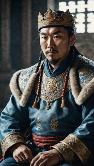 a cinematic long portrait, manly king mongol, sitting with a intricate king attire, photorealistic, dramatic photography, professional composition, high definition, very detailed photography, soft contrast, muted tones, cinematic colors, shot with a Zeiss Otus 55 mm lens F/1.4, volumetric light, inside a dark castle, film grain, film vignette, gloomy atmosphere, dark scene, textured skin face