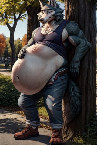 by personalami, by hioshiru, by zackary911, by null-ghost), male, anthro_wolf, solo, legoshi_(beastars), fat body, park, standing, clothed, tank top , bottom wear, pants, safe, standing, bara, claws, black pupils, (fat:2.6), soft body, (correct anatomy:)7.0, vore, Big belly,( vore belly size:5.5), detailed belly, a person in his belly, (detailed clothing), natural lighting, best quality, Legoshi, big belly, big pecs, vore, kids in Legoshi's belly, best quality,person in belly, readable text, 