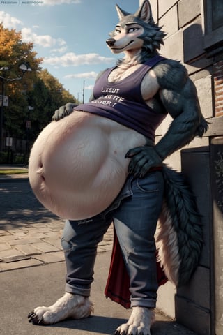 by personalami, by hioshiru, by zackary911, by null-ghost), male, anthro_wolf, solo, legoshi_(beastars), fat body, park, standing, clothed, tank top , bottom wear, pants, safe, standing, bara, claws, black pupils, (fat:2.6), soft body, (correct anatomy:)7.0, vore, Big belly,( vore belly size:5.5), detailed belly, a person in his belly, (detailed clothing), natural lighting, best quality, Legoshi, big belly, big pecs, vore, kids in Legoshi's belly, best quality,person in belly, readable text, 