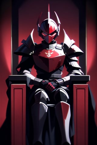 A powerful image unfolds:

Taskforce Commander, clad in black military dress and full-body armor, sits regally upon a throne, eyes blazing red with intensity. A helmet adorns their head, while their uniform reflects the weight of responsibility. The dark, crimson-stained backdrop serves as a grim reminder of the battles fought and won.