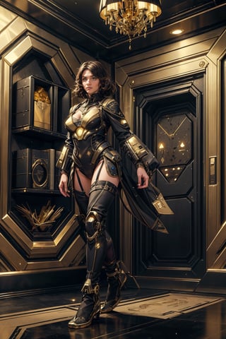 Ultra detailed, Full body visible, (((Smile:1.1)), (extremely detailed CG unit 8k wallpaper, Masterpiece, Best quality, Ultra detailed),( The best lighting, Best shadow, an extremely delicate and beautiful), (Powerful and feminine),luxtech,scifi,luxurious,gold