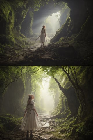 Soft light coming to a cave, HD, realistic skin, photorealism, forest_elf_girl, beautiful_embroided_dress