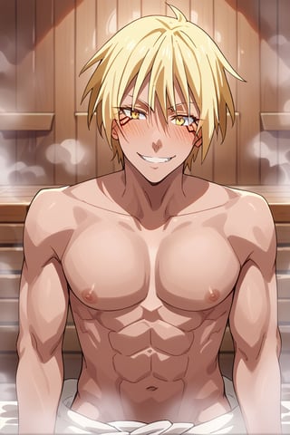 a man in a sauna,  blushing, smile, pode

,veldora_tempest