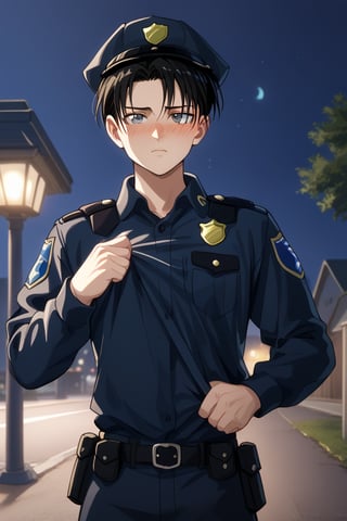 
,
A man police, looking at me blushing, night, showing his body, sexy, lifting his shirt

,levi_ackerman