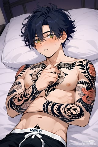 anime, man, sexy pose, lying on a bed, with his shirt open, night, male underwear,,, blushing,, 



,Tattoos 