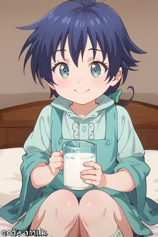 sitting on a bed having a cup of milk, mischievous smile

,lloyd