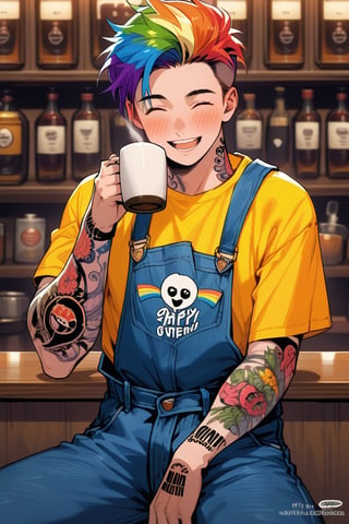 man , sexy, blushing, having a coffee sitting in a bar, happy, overalls and rainbow t-shirt

,Tattoos 