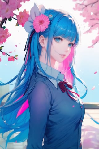 1girl, solo, long hair, breasts, looking at viewer, blush, smile, bangs, blue_hair,blue eyes, shirt, hair ornament, ribbon, medium breasts, blue hair, hair ribbon, upper body, pink hair, flower, multicolored hair, parted lips, hair flower, streaked hair, petals, hair intakes, blue ribbon, cherry blossoms, pink flower