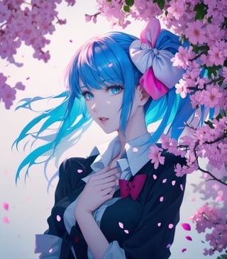 1girl, solo, long hair, looking at viewer, blush, smile, bangs, blue_hair,blue eyes, shirt, hair ornament,tiny_breasts, ribbon, blue hair, hair ribbon, upper body, pink hair, flower, multicolored hair, parted lips, hair flower, streaked hair, petals, hair intakes, blue ribbon, cherry blossoms, pink flower