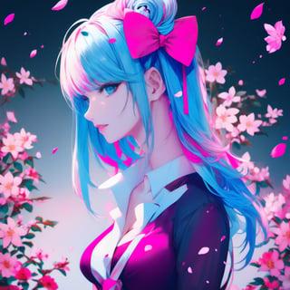 1girl, solo, long hair, looking at viewer, blush, smile, bangs, blue_hair,blue eyes, shirt, hair ornament, no_breasts, ribbon, blue hair, hair ribbon, upper body, pink hair, flower, multicolored hair, parted lips, hair flower, streaked hair, petals, hair intakes, blue ribbon, cherry blossoms, pink flower