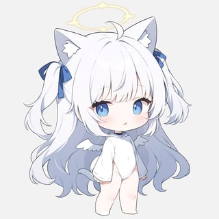 chibi, masterpiece, made by a master, 4k, perfect anatomy, perfect details, best quality, high quality, lots of detail.
(solo),1girl, ((angel)), ((white hair)), very long hair, (two side up), blue eyes, (curly hair:1.2), (wavy hair), (hair curls), (bangs), (two side up), two ((blue)) hair ties on head, (Double golden halo on her head), choker, ((angel wings)), ahoge, fang, (Cat puppet costume), single, looking at viewer, (flat face,) (poker face), (full body) ,Emote Chibi. cute comic,simple background, flat color, Cute girl,Chibi Style,