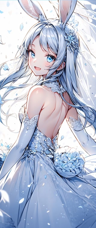 1 rabbit girl, (iolite eyes:1.1), rabbit ears, rabbit tail, light blue hair, parted bangs, (half-closed eyes:0.8), smile, open mouth, small face, 
veil, (bridal:1.1), carefully embroidered wedding dress, elbow gloves, 
(carpet:0.8), flower, blessed shining sunlight, (light particles:1.1), white petal, (church:0.8), 
sharp focus, face focus, looking at viewer, cowboy shot, from behind, solo, 
(intricate:1.1), (bright white theme:1.3), (bright white tone:1.3), (silver tone:1.3), illustration