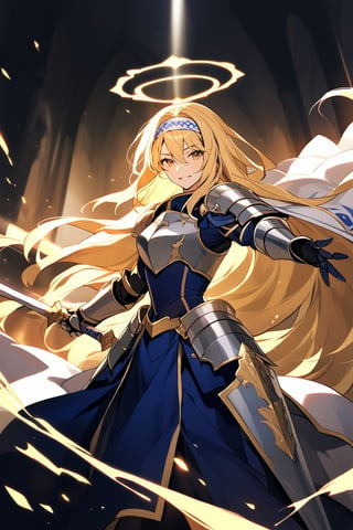 alone, bangs, yellow eyes, blonde hair, hair between eyes, very long hair,yellow halo, medium chest, very long hair, yellow eyes, aura of light, headband, white Headband, dress, cape, armor, blue dress, gauntlets, shoulder pads, cuirass, armored dress, faulds, white cape, paladin, armor gold, body armor, combat stance, weapon, sword, holding weapon, looking at viewer