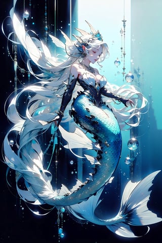 1girl, solo, long hair, jewelry, full body, closed eyes, white hair, pointy ears, necklace, monster girl, bubble, underwater, mermaid, head fins,DonMW15p