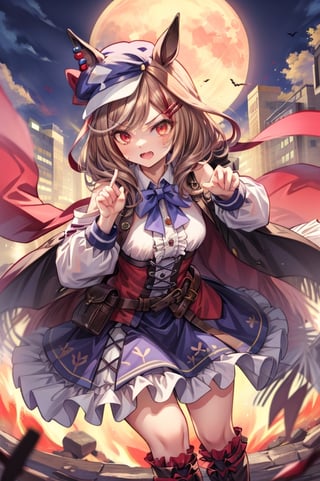 matikane tannhauser (umamusume), (poatrait shot):10,wind:1.2,(vampire attacking pose):10,BREAK (red shiig glowing eyes):100,BREAK animal ears, horse ears,tail, horse tail,brown hair,shirt, horse girl,Halloween costume, one woman, 20 years old, vampire, blonde long hair, red eyes,she is lunging forward with a dagger in hands,(big dagger):10, ruthless, confident, menacing, contemptuous, fearless snarl, looking at viewer, late night, (full red moon),hair ornament, , frills, streaked hair, blue bow, multicolored hair, puffy sleeves, center frills, frilled skirt, bowtie, knee boots, cabbie hat,pouch, ears through headwear, collared shirt, belt, white hair, medium hair,tsurime,flaming eye