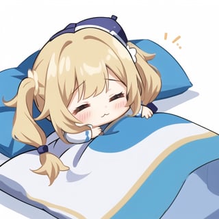 1girl, solo, long hair, bangs, white background, twintails, closed mouth, closed eyes, braid,chibi, pillow, :3, sleeping, blanket, (under covers),(without hat),(lie)