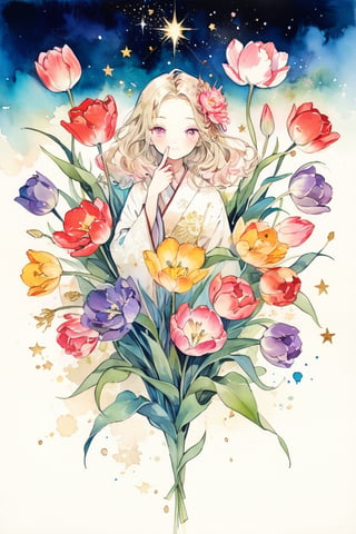 masterpiece, best quality, aesthetic,calligraphy brush,gold ink wash painting,Colorful tulip (flower),illustration,scenery,flower,glitter ,stars ,pink eyes ,text"peace"