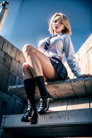 1 girl, solo, japanese girl, 20 year old, 178cm tall ,light pink lip, white shiny skin, (short blonde hair), ((big breast:1.4)),((long skinny legs)),((sitting on stairs)), ((school uniform)), dark blue pleated skirt, dark blue diagonal striped tie, black shoes, dark blue socks, outdoor, sky,(from below:1.7),side view,