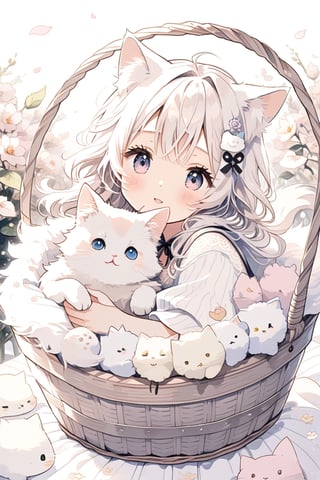 small fluffy white fluffy cat in a basket

,cute,anime,mix,pastel
