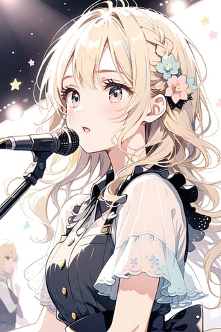 girl with blonde hair while she has a microphone 

,cute,anime,mix,pastel