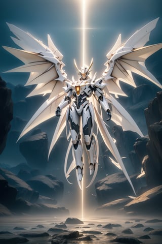 ((best quality)), absurdres, ((ultra high res)), mecha with wings, dragon mecha, white mecha, large wings, dramatic lighting, extremely detailed,