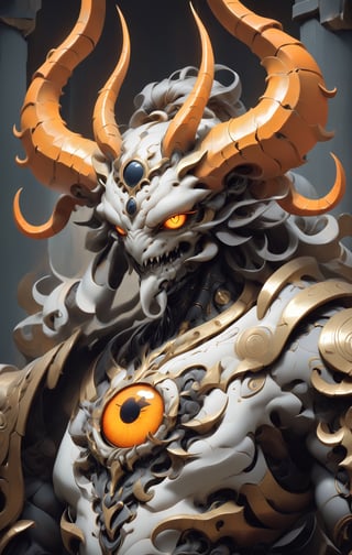 Create image of a symmetrical, fantastical being with an intricate design, blending organic and ornamental elements. The creature features ram-like, spiraling horns that are thick at the base and taper towards the tips. Between the horns lies a decorative, mandala-like pattern in light tones, mimicking the outline of a third eye. The being's face is humanoid but otherworldly, pale with sharp, darkened eye sockets that house glowing, orange eyes. Its nose is subtle, and its mouth forms a small, grimacing smile. Directly below, similar ornamental patterns repeat, with glowing orange accents resembling eyes.

The entity's shoulders and torso seem to form a dark, armor-like carapace, adorned with similar organic decorations and faint hints of reflective, metallic surfaces, suggesting hard, chitinous material. The color palette is dominated by dark greys, browns, and blacks, with strategic use of an orange glow to emphasize eyes and patterns, giving the impression of an inner fire. The background blends seamlessly into the figure, echoing the dark and mysterious atmosphere with hints of similar patterns and shapes, suggesting an environment that is as decorated and alive as the being itself.

The artwork has a baroque feel, rich in detail and ornamentation, with a balance between the fierce and the delicate. The proportions emphasize the creature's majestic presence, with the spiraling horns and decorative patterns adding to its height and the imposing quality of its visage., 3D SINGLE TEXT,ruidg,robot