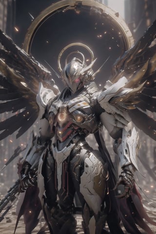 solo, red eyes, holding, weapon, wings, holding weapon, gun, no humans, glowing, halo, robot, building, holding gun, mecha, science fiction, mechanical wings, Hyper Detailed, Cinematic Lighting Photography capturing every intricate detail, shot on nvidia rtx for realism, showcasing super-resolution and rendered in Unreal 5. Enhanced with subsurface scattering and PBR texturing for a lifelike appearance, in stunning 32k UHD resolution.  ,wrenchsmechs