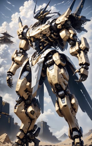 Create an image featuring a detailed, high-tech, mechanized figure resembling a robot in an action pose against a cloudy sky background. The robot is predominantly a deep navy blue with stark black shadows, creating a sense of depth and complexity. Gold and yellow accents, including intricate kanji characters and caution tape-style designs, add contrast and highlight various parts of the figure. The robot's head is angular with a prominent crest or horn, and its face is obscured by a shield or mask with the central kanji in gold. Its eyes are not visible, enhancing its enigmatic presence. The body is a complex array of plates, vents, and mechanical joints, underscoring the machine's advanced design. The limbs are thick and powerful, with segments that suggest hydraulic or pneumatic functionality, while tapered fingers suggest dexterity. Light glints off various surfaces of the robot, suggesting a mix of matte and metallic textures. The gold accents shimmer slightly, especially the kanji, which appears to be a focal point highlighted across the body. The clouds in the background are soft, with the sky transitioning from pale blue at the top to white where it meets the figure, allowing the robot to stand out starkly. The palette is cool with a focused use of warmer gold hues to provide visual interest and guide the eye through the composition.