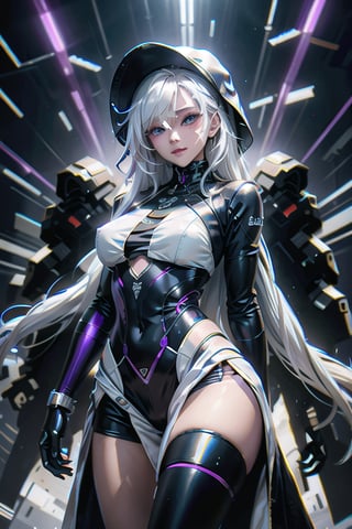 android, mechanical arms, lightning, purple lightning, clouds, (dark theme:1.3), outstretched arms, wide eyed, limited pallete, cinematic lighting, backlight, white hair, absurdly long hair, hair over one eye, purple eyes, seductive smile, evil smile, wide-eyed, head tilt, white jacket, purple, purple theme, open mouth, constricted pupils, ,Futuristic