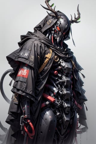 ground level shot on a Canon EOS-1DX Mark III camera with a Canon EF 24-70mm f/2.8L II USM lens of an enigmatic black hooded cybernetic daemon shogun samurai with deer horns samurai helmet, and black mask, enigmatic black hardware and nanotubes on cloak, cybernetic chrome hardware, photo realistic, maximum details, :blank :white studio background --chaos 10 --ar 4:5 --stylize 250 --v 6.0