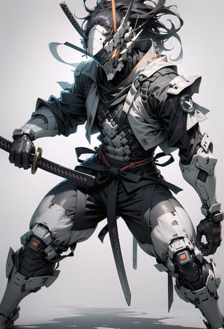 create a male character for a game, with cyber helmet, bring the samurai sword in action position fight pose, 