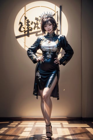 create a full body length of a 1girl, solo, young woman, huge boob, short hair, white hair, blue eyes, smiling, female focus, wearing queen crown, white jacket, white cheongsam, short cheongsam, mecha, wearing high heel, front view, standing confidently with spread leg and hands on hip, perfect hands, Hyper Detailed, Cinematic Lighting Photography capturing every intricate detail, shot on nvidia rtx for realism, showcasing super-resolution and rendered in Unreal 5. Enhanced with subsurface scattering and PBR texturing for a lifelike appearance, in stunning 32k UHD resolution.,Mimi