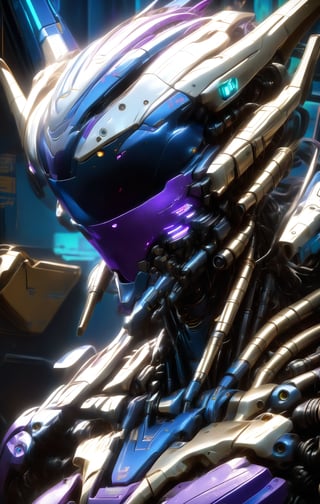 A close-up of a robot wearing a helmet, cyberpunk art by Android Jones, cgsociety, computer art, intricate detail, vibrant colors, neon lighting, futuristic design, high-tech textures, and a metallic finish. The image features a dynamic camera angle with dramatic lighting creating depth and highlighting the robot's detailed surfaces. The color palette includes vivid blues, purples, and greens, contributing to the overall mood of a high-tech, cyberpunk future. Extremely Realistic, Hyper Detailed, Cinematic Lighting Photography capturing every intricate detail, shot on nvidia rtx for realism, showcasing super-resolution and rendered in Unreal 5. Enhanced with subsurface scattering and PBR texturing for a lifelike appearance.