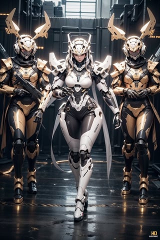 An cute black dragon Robot Mecha Soldier, slime Agile Anthropomorphic Figure, Wearing Futuristic gold and white Soldier Armor and Weapons, Reflection Mapping, Realistic Figure, Hyper Detailed, Cinematic Lighting Photography, 32k UHD,Futuristic,Sci Fi,Unity