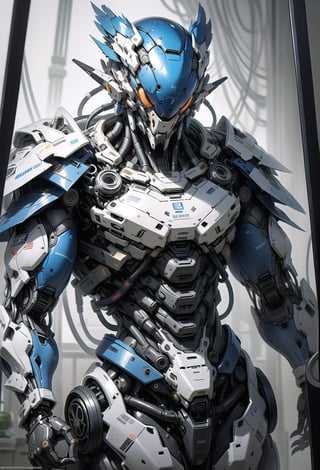 imagine cyberbots chrome skin enforcement kingfisher robot with his android rider, glass porcelain intricate mechanical detail, iconic photography, --niji 6 --sty --niji 6 --style raw