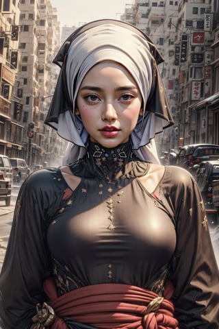 masterpiece:1.2, highest quality), realistic, (real image, intricate details, Depth of bounds written), (1 girl, alone), compensate, parted lips, very detailed, perfect face, (skin dents), Shiny coral lips, (Girl in a full hijab, Islamic clothing), blush, thunderbolt baal (General Raiden) From Genshin Impact,very detailed
