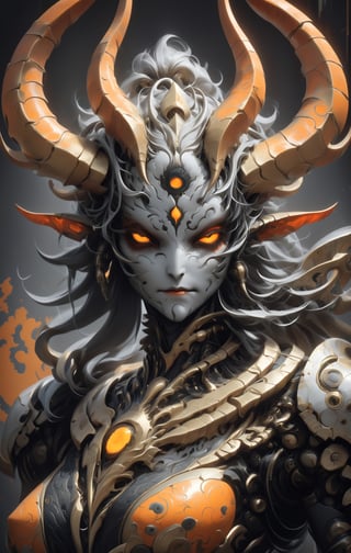 Create image of a symmetrical, fantastical being with an intricate design, blending organic and ornamental elements. The creature features ram-like, spiraling horns that are thick at the base and taper towards the tips. Between the horns lies a decorative, mandala-like pattern in light tones, mimicking the outline of a third eye. The being's face is humanoid but otherworldly, pale with sharp, darkened eye sockets that house glowing, orange eyes. Its nose is subtle, and its mouth forms a small, grimacing smile. Directly below, similar ornamental patterns repeat, with glowing orange accents resembling eyes.

The entity's shoulders and torso seem to form a dark, armor-like carapace, adorned with similar organic decorations and faint hints of reflective, metallic surfaces, suggesting hard, chitinous material. The color palette is dominated by dark greys, browns, and blacks, with strategic use of an orange glow to emphasize eyes and patterns, giving the impression of an inner fire. The background blends seamlessly into the figure, echoing the dark and mysterious atmosphere with hints of similar patterns and shapes, suggesting an environment that is as decorated and alive as the being itself.

The artwork has a baroque feel, rich in detail and ornamentation, with a balance between the fierce and the delicate. The proportions emphasize the creature's majestic presence, with the spiraling horns and decorative patterns adding to its height and the imposing quality of its visage., 3D SINGLE TEXT,ruidg,robot,niji6