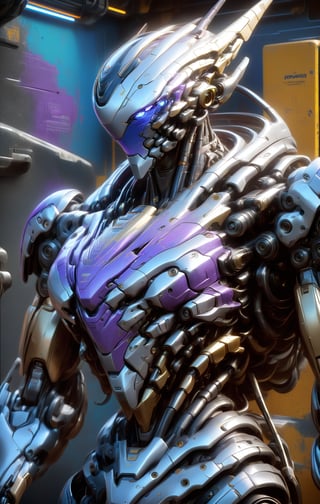 A close-up of a robot wearing a helmet, cyberpunk art by Android Jones, cgsociety, computer art, intricate detail, vibrant colors, neon lighting, futuristic design, high-tech textures, and a metallic finish. The image features a dynamic camera angle with dramatic lighting creating depth and highlighting the robot's detailed surfaces. The color palette includes vivid blues, purples, and greens, contributing to the overall mood of a high-tech, cyberpunk future. Extremely Realistic, Hyper Detailed, Cinematic Lighting Photography capturing every intricate detail, shot on nvidia rtx for realism, showcasing super-resolution and rendered in Unreal 5. Enhanced with subsurface scattering and PBR texturing for a lifelike appearance.