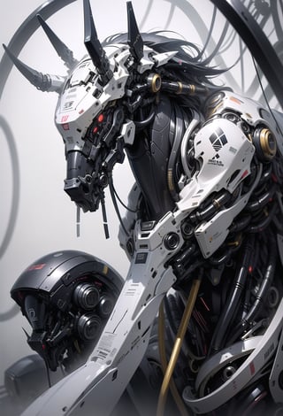 imagine cyberbots chrome skin enforcement horse robot with his android rider, glass porcelain intricate mechanical detail, iconic photography, --niji 6 --sty --niji 6 --style raw