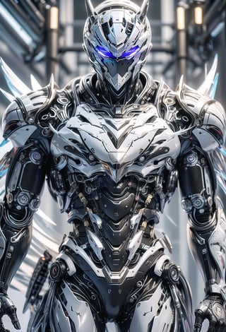 A full-body length digital model poster in anime style featuring a realistic close-up of Raiden from Metal Gear Rising: Revengeance. Using Gold, Black and White color. Art by Hideo Kojima, showcasing HDR, UHD, and 64K resolution, created using stable diffusion. The image emphasizes Raiden’s detailed cybernetic enhancements, sleek armor, and intense expression, with a dynamic camera angle capturing depth and action. The color palette includes metallic silvers, deep blues, and vivid reds, with high contrast lighting to enhance the futuristic mood and intricate textures.