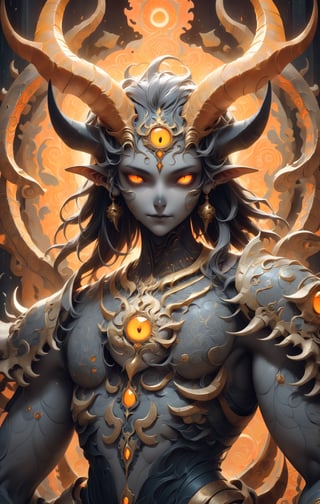Create image of a symmetrical, fantastical being with an intricate design, blending organic and ornamental elements. The creature features ram-like, spiraling horns that are thick at the base and taper towards the tips. Between the horns lies a decorative, mandala-like pattern in light tones, mimicking the outline of a third eye. The being's face is humanoid but otherworldly, pale with sharp, darkened eye sockets that house glowing, orange eyes. Its nose is subtle, and its mouth forms a small, grimacing smile. Directly below, similar ornamental patterns repeat, with glowing orange accents resembling eyes.

The entity's shoulders and torso seem to form a dark, armor-like carapace, adorned with similar organic decorations and faint hints of reflective, metallic surfaces, suggesting hard, chitinous material. The color palette is dominated by dark greys, browns, and blacks, with strategic use of an orange glow to emphasize eyes and patterns, giving the impression of an inner fire. The background blends seamlessly into the figure, echoing the dark and mysterious atmosphere with hints of similar patterns and shapes, suggesting an environment that is as decorated and alive as the being itself.

The artwork has a baroque feel, rich in detail and ornamentation, with a balance between the fierce and the delicate. The proportions emphasize the creature's majestic presence, with the spiraling horns and decorative patterns adding to its height and the imposing quality of its visage.