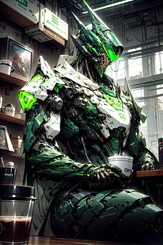 Military cyborg with human face, wear bulky metal glossy armor and green neon glass helmet. feeling cozy having cup of coffee . Style: Hyper-realistic, surreal, and cinematic. Render Engines: Vray and Octane. Lighting: Cinematic, with dramatic shadows. Pose: Dynamic cozy pose. Background: minimalist futuristic coffee house interior with other robots,Futuristic