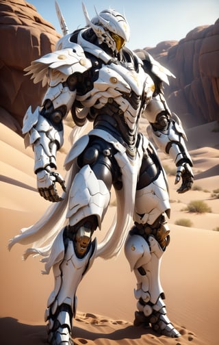 Masterpiece, Create a full body length of a warrior. In a desert.  Mechanical Armor. White armor. Firefly from: Star Rail. Extremely Realistic, Hyper Detailed, High quality, Cinematic Lighting Photography, nvidia rtx, super-resolution, unreal 5, subsurface scattering, pbr texturing, 32k UHD, Photorealistic, Hyperrealistic, Detailed, Octane, iso300.
