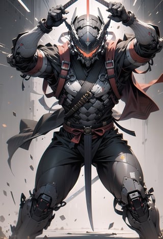 create a male character for a game, with cyber helmet, bring the samurai sword in action position fight pose, 