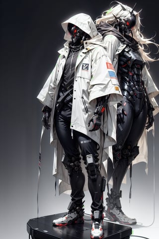 Create a full view length of a digital model poster in anime style featuring a young man with white hair, long hair, very long hair and blue eyes, wearing a king's crown, a hood, a hood up, a hooded jacket, a white jacket, a long jacket, a futuristic robe, black pants, a mouth mask, open clothes, an exosuit and wearing shoes, with a futuristic background, HDR, UHD, 64K resolution, stable diffusion